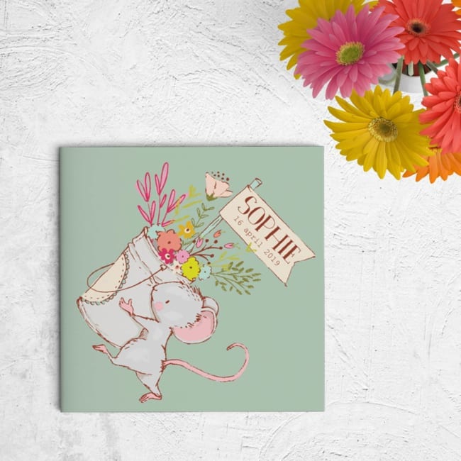 Geboortekaartje Schattig Muisje presenteert jullie pasgeboren baby op een schattige manier, door middel van de handgetekende illustraties van een muisje.